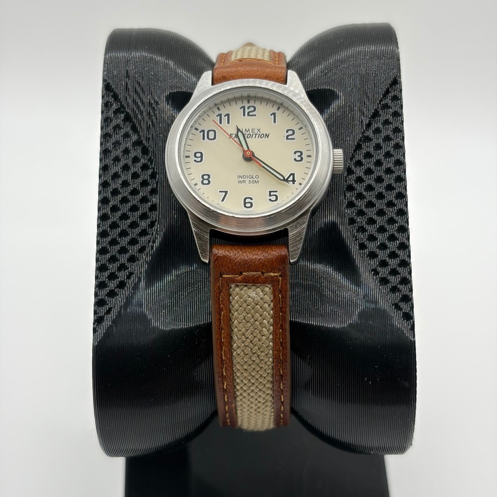 Timex Expedition Watch Womens 26mm Tan Leather Nylon Indiglo Field Wristwatch